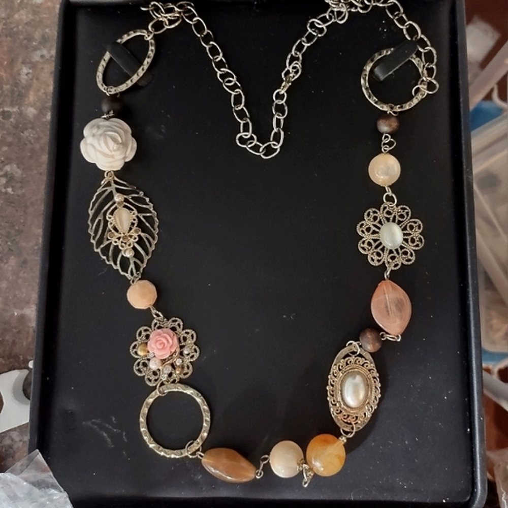 Upcycled Vintage Roses & Pearl Long Necklace